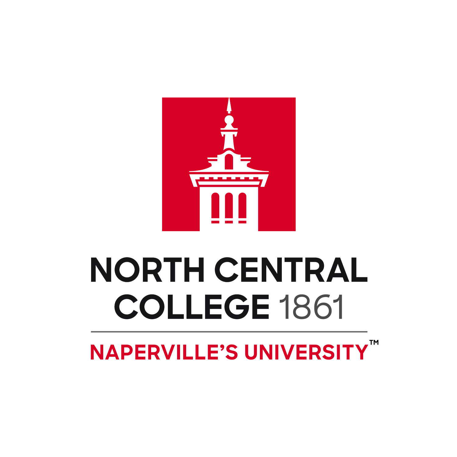North Central College logo in colors of white, red and white with the words: North Central College, 1861, Naperville's University