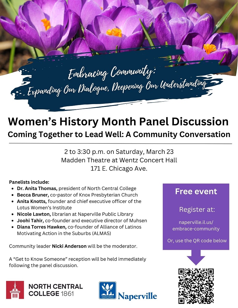 Flyer advertising a March 2024 Women's History Month panel discussion with text-only version