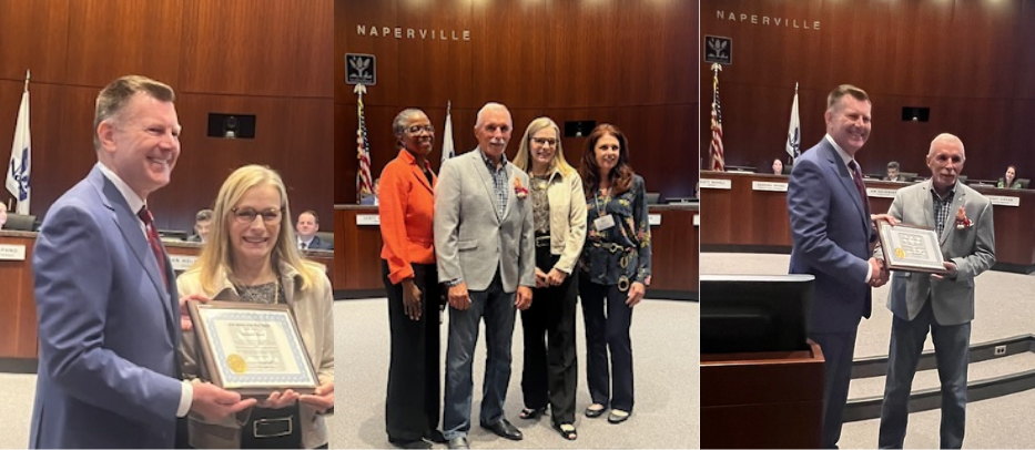 Mayor poses with Margaret Rusch and Ted Mazurski, the recipients of the 2025 Senior of the Year Awards.