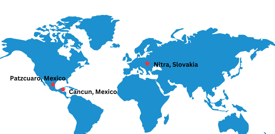 World map with Naperville's sister cities starred: Patzcuaro and Cancun, Mexico and Nitra, Slovakia.