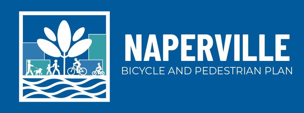 Banner graphic showing people biking and walking with the text Naperville Bicycle and Pedestrian Plan
