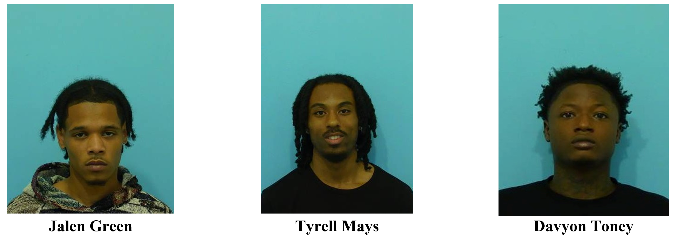 Booking photos of Jalen Green, Tyrell Mays and Davyon Toney