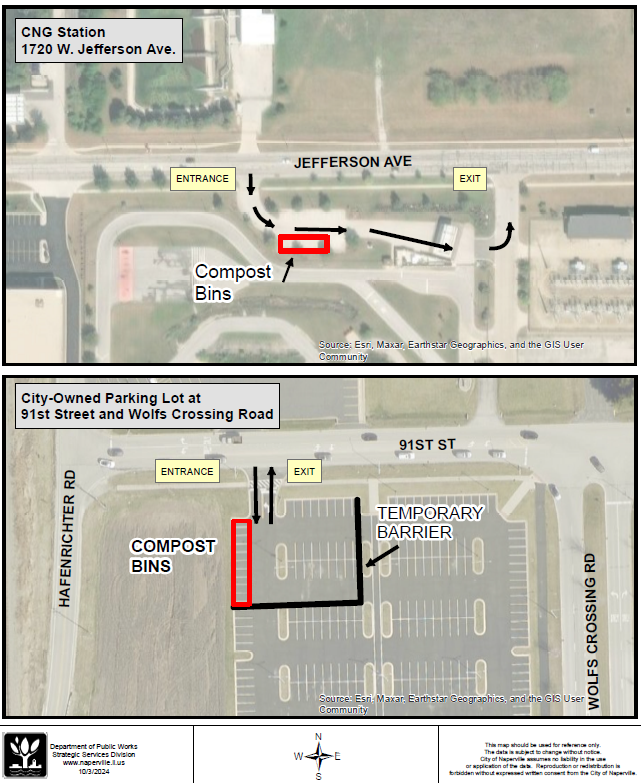Map showing food scraps composting drop off sites in Naperville: the CNG Station at 1720 W Jefferson Ave. and a City-Owned Parking Lot at 91st Street and Wolfs Crossing Road.
