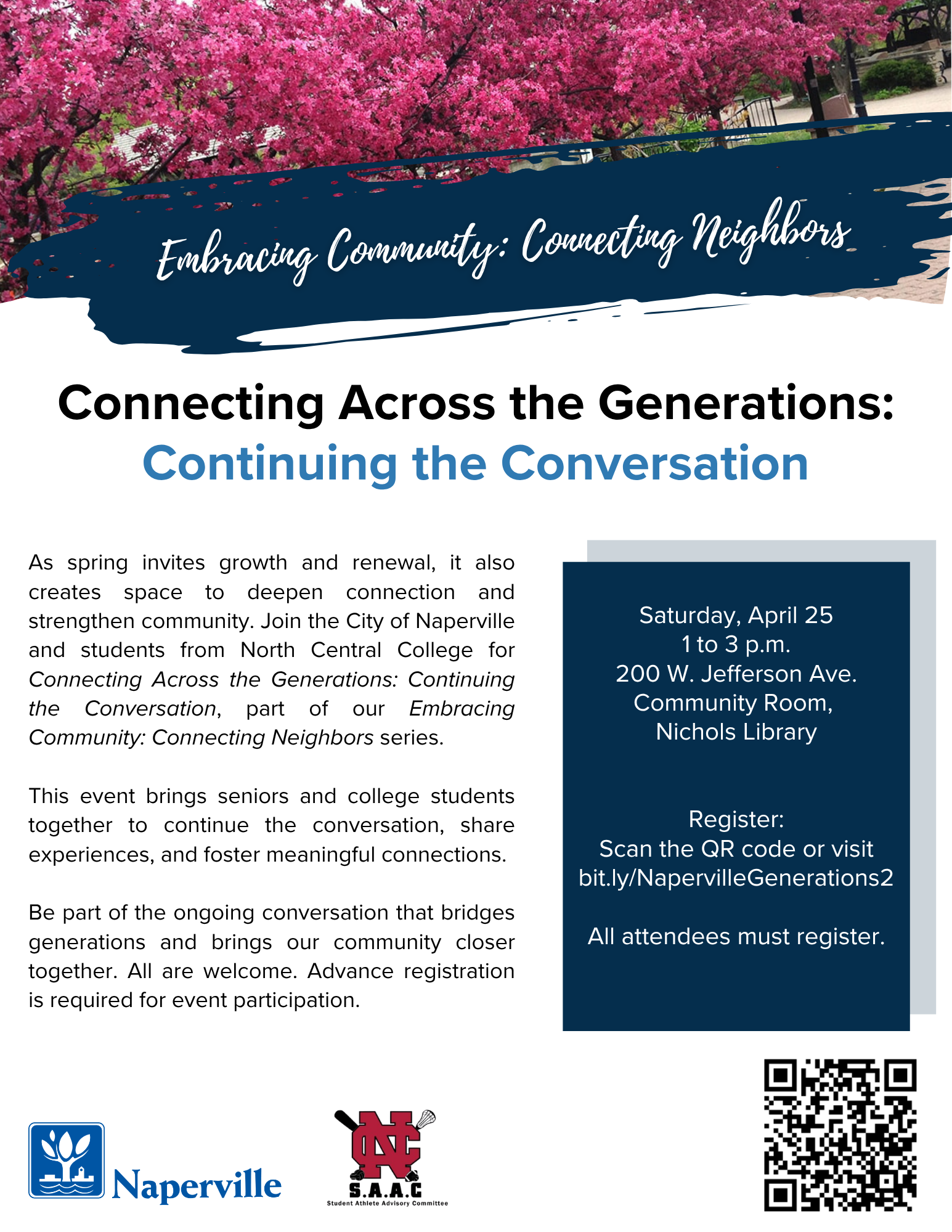 April 25, 2026 Connecting Across the Generations: Continuing the Conversation event flyer 