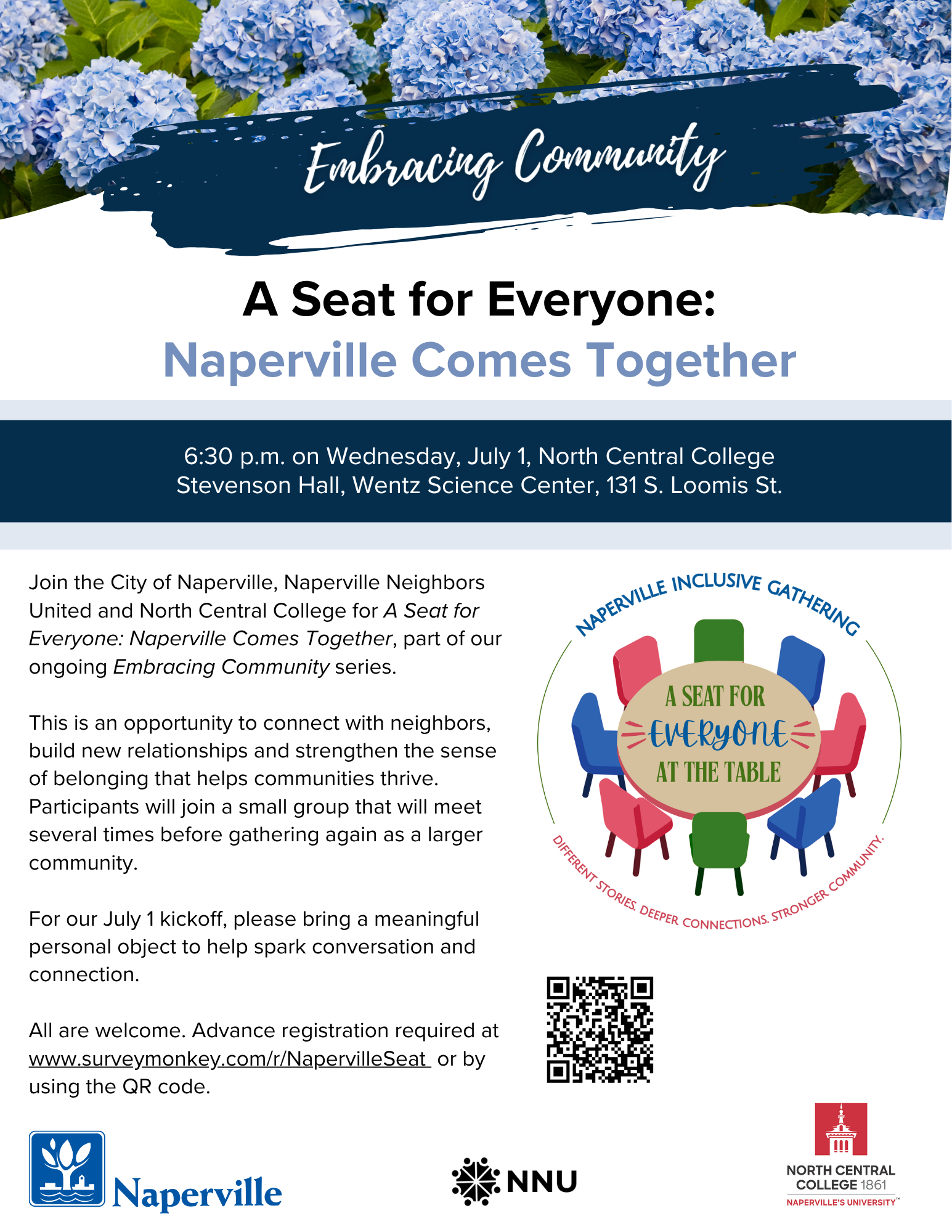 Flyer for A Seat for Everyone. Image of blooming blue hydrangea and event graphic with multicolored chairs around a round table. All event details and information repeated in webpage text.