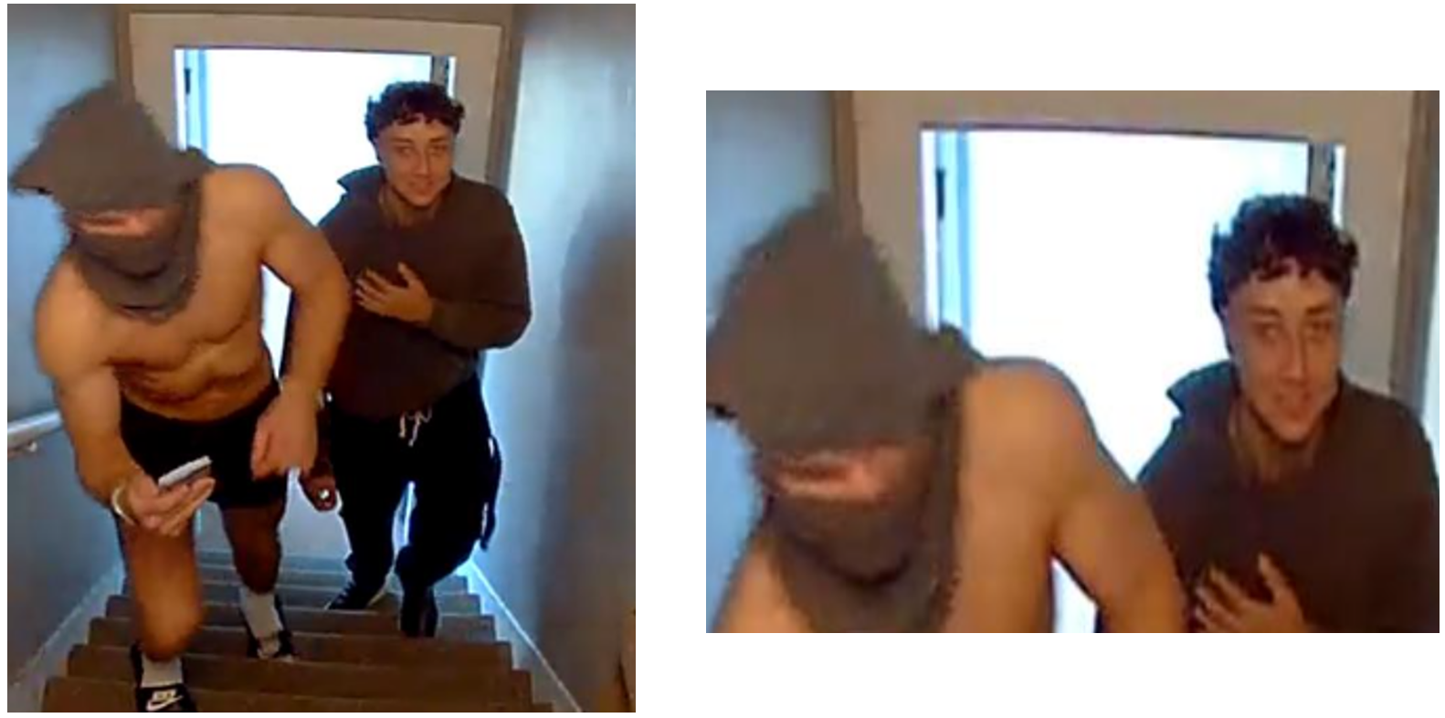 surveillance video of two individuals walking up a stairwell