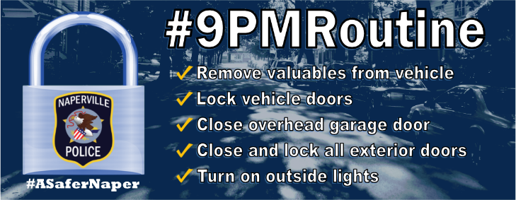 9 PM Routine text description: Remove valuables from vehicle, lock all windows and doors, close garage doors, turn on outside lights 