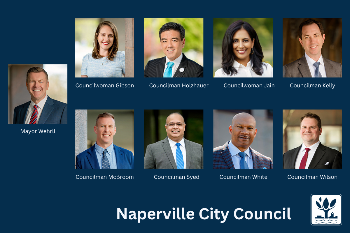 Photo collage of Naperville's City Council. From left to right: Mayor Wehrli, Councilwoman Gibson, Councilman Holzhauer, Councilwoman Jain, Councilman Kelly, Councilman McBroom, Councilman Syed, Councilman White, Councilman Wilson.