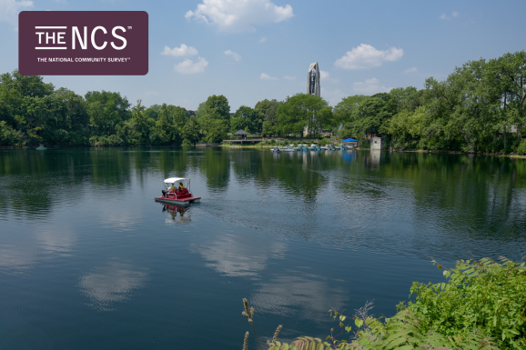 A red paddleboat glides on the river at the Riverwalk paddleboat quarry with the Millennium Carillon in the background. Overlaid is a The National Community Survey logo in dark mauve.