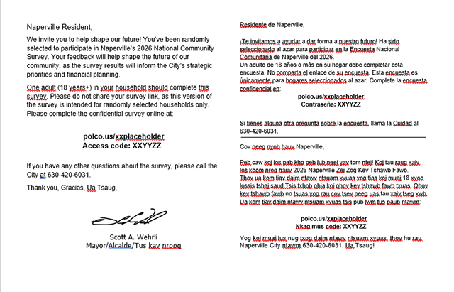 An example of the NCS postcard that will be sent to residents who are randomly selected for the sample survey. Each postcard contains a unique survey access code and a link to the survey.