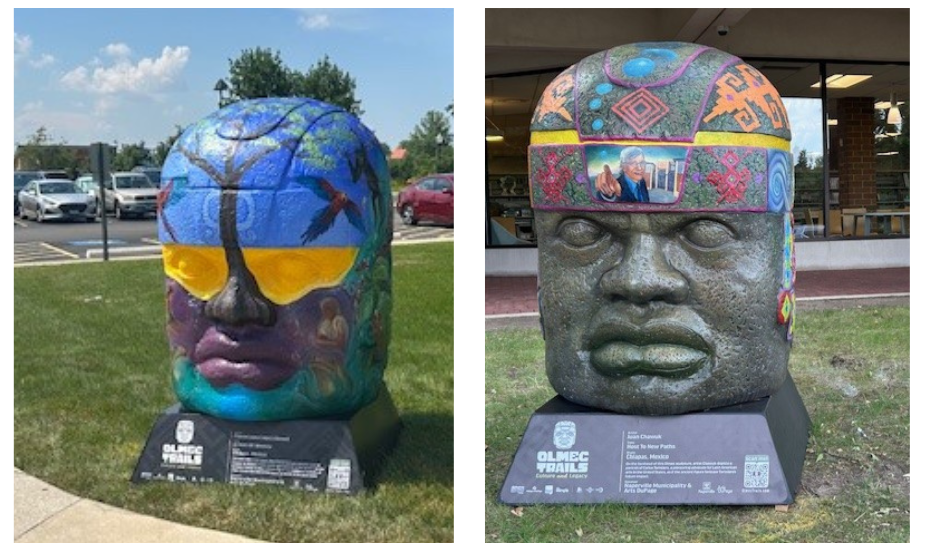 The Olmec Trails: Culture and Legacy sculptures on display at the Nichols and 95th Street libraries in Naperville