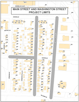 Map showing the locations where crews plan to replace water mains on Main Street and Porter Avenue