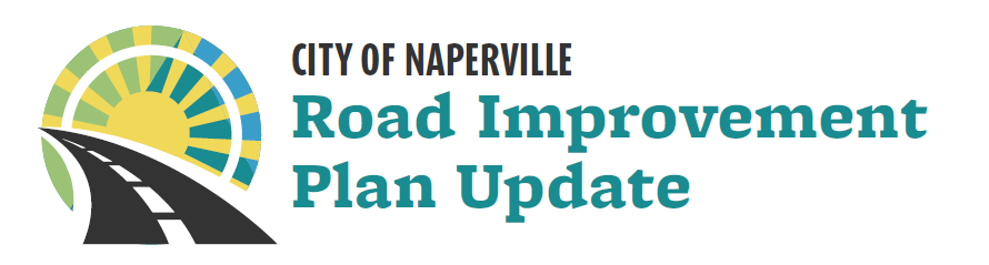 Black road going through a sunburst with the text: City of Naperville Road Improvement Plan Update