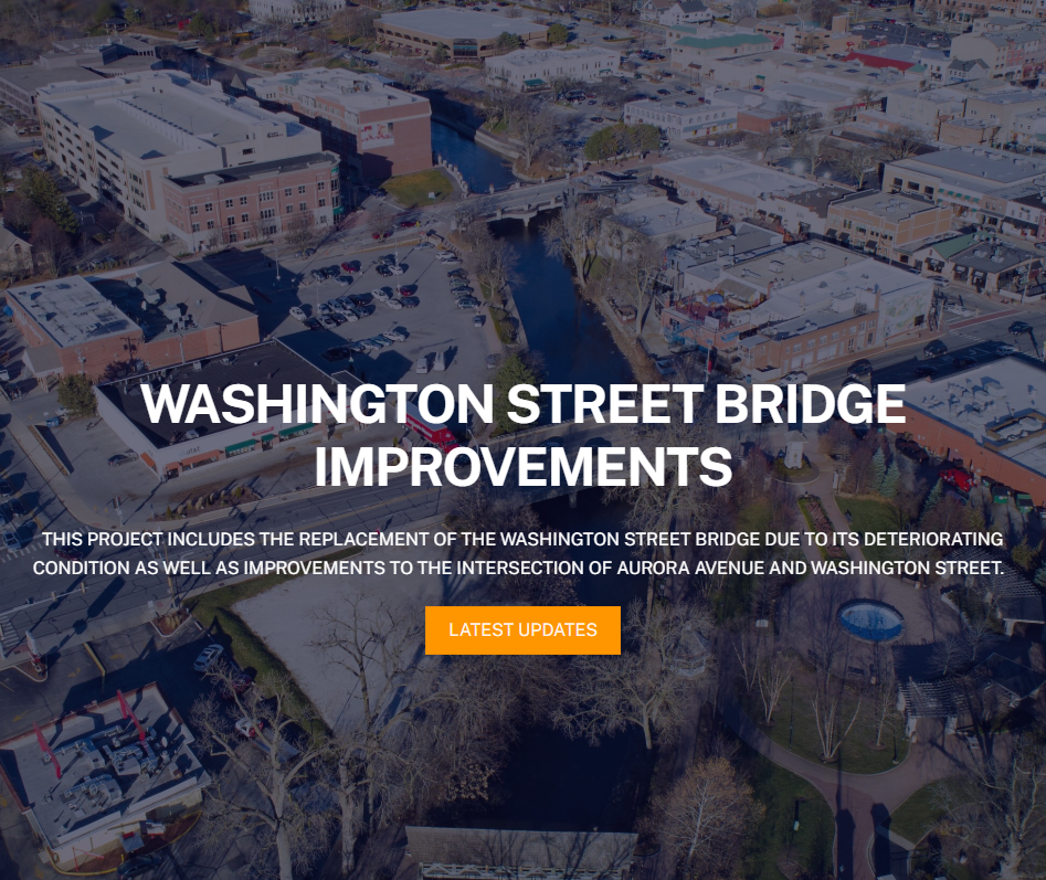 Bird's-eye view of downtown Naperville and the area of the Washington Street Bridge replacement project with clickable link to get project updates.